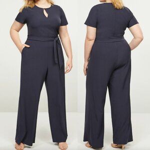 LANE BRYANT Plus Size Lena Faux Wrap Keyhole Jumpsuit Navy Blue Belted Tie Party